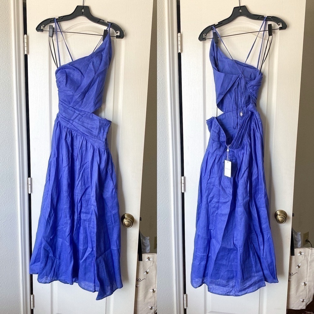 Zimmermann Tropicana Asymmetric Linen Cutout Midi Dress Blue Size 12 NWT - Picture 2 of 12